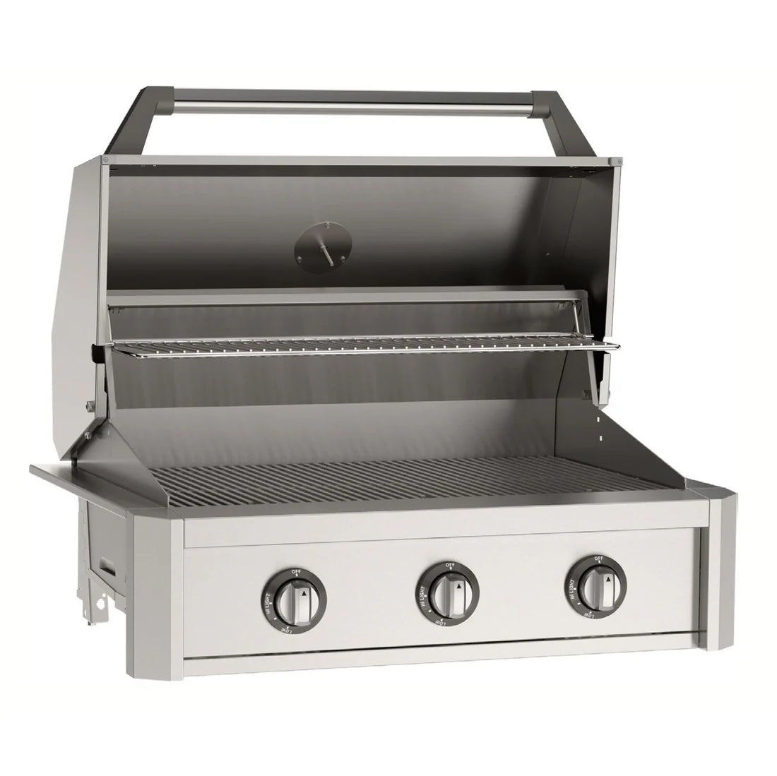 American Outdoor Grill (AOG) 36-inch T-Series stainless steel built-in gas grill with open lid showing three burners and cooking grates on a white background