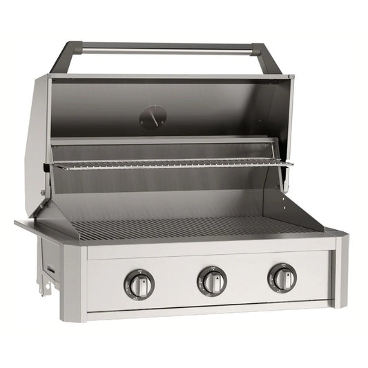 American Outdoor Grill (AOG) 36-inch T-Series stainless steel built-in gas grill with open lid showing three burners and cooking grates on a white background