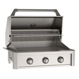 American Outdoor Grill (AOG) 36-inch T-Series stainless steel built-in gas grill with open lid showing three burners and cooking grates on a white background