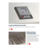 American Outdoor Grill (AOG) T-Series features graphic showing the large analog thermometer and Diamond Sear stainless steel cooking grids