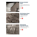 American Outdoor Grill (AOG) T-Series features graphic showing the spring-assisted hood, 304 stainless steel tubular burners, and redesigned vaporizer panels