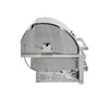 Side profile view of a stainless steel built-in grill firebox with the lid closed, showing the burner tray and ignition and gas wiring underneath, on a white background