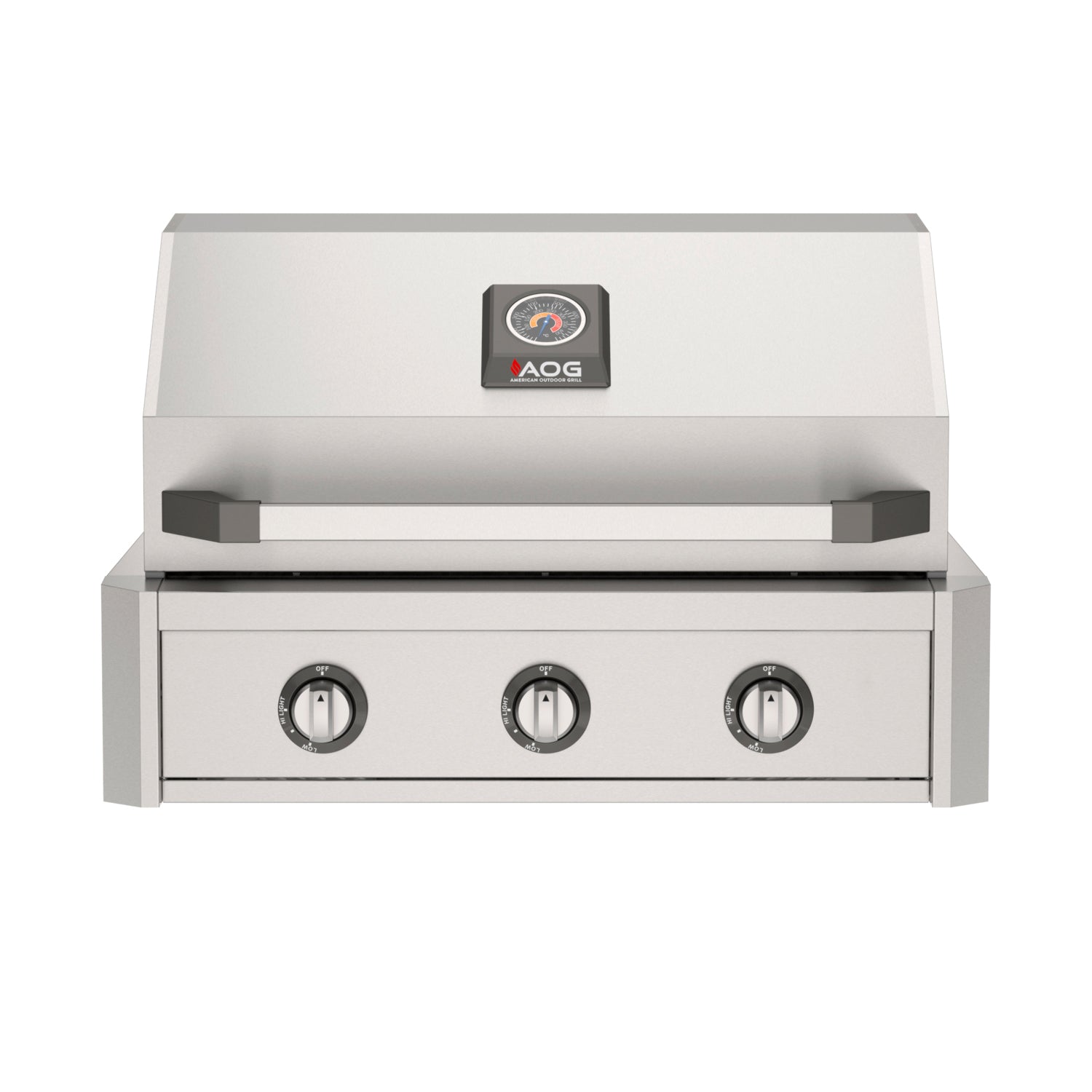 American Outdoor Grill (AOG) 30-inch stainless steel built-in gas grill with closed lid, three control knobs, and temperature gauge on a white background