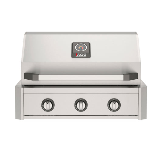 American Outdoor Grill (AOG) 30-inch stainless steel built-in gas grill with closed lid, three control knobs, and temperature gauge on a white background