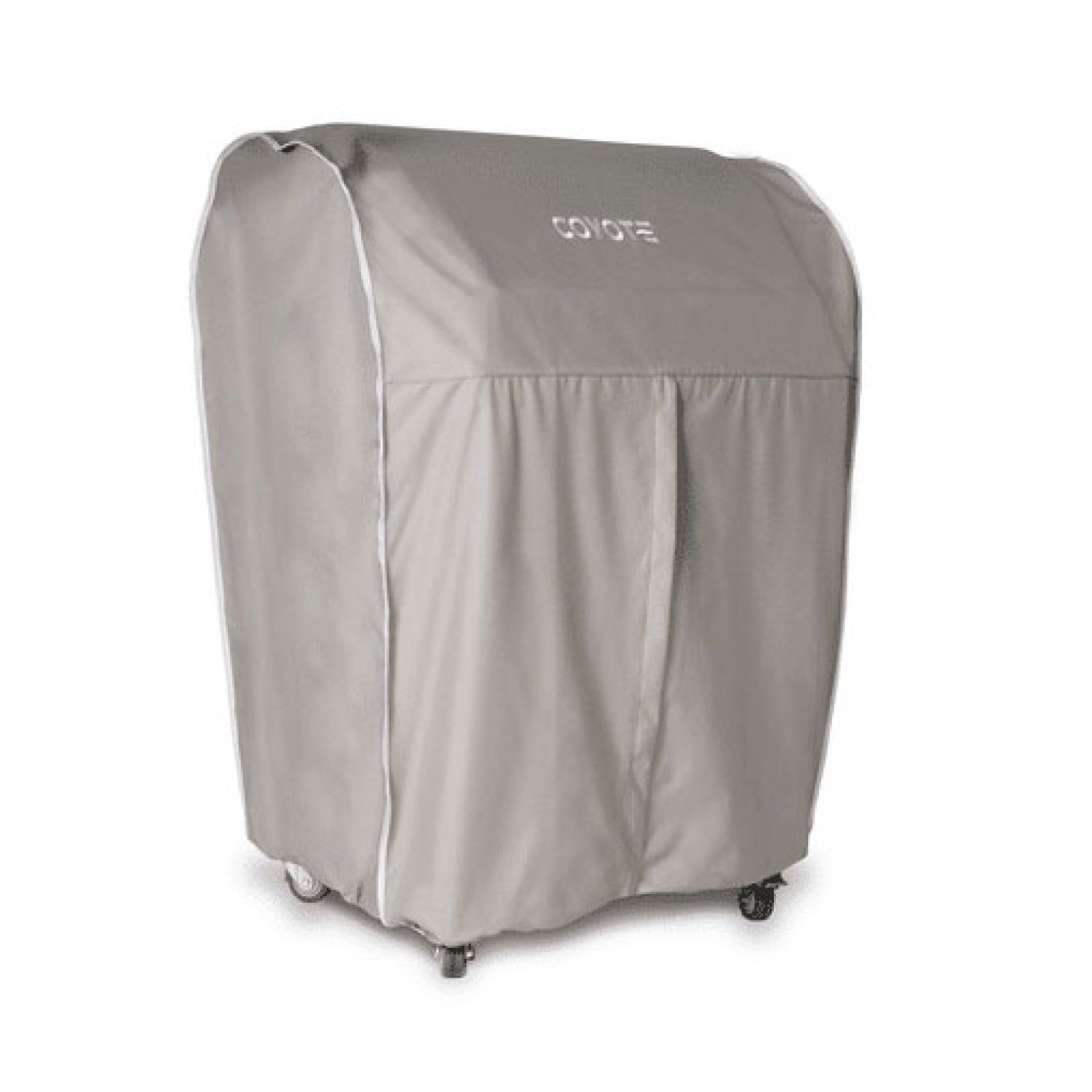 Coyote gray grill cover with white piping and logo detail on top