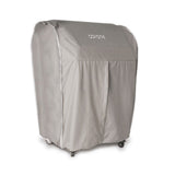 Coyote gray grill cover with white piping and logo detail on top