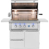 American Made Grills Estate 36-inch freestanding gas cart grill — hood open showing the rotisserie and cooking grates
