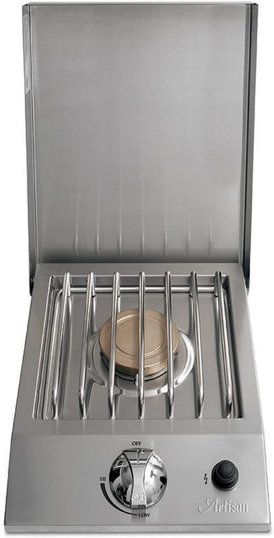 Artisan stainless steel built-in single side burner with the lid open showing the burner and control knob, on white background