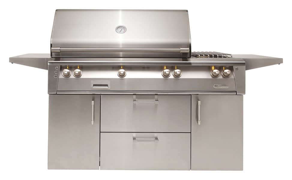 Alfresco XE-56C 56-inch standard grill cart with double doors and drawers in 304 stainless steel