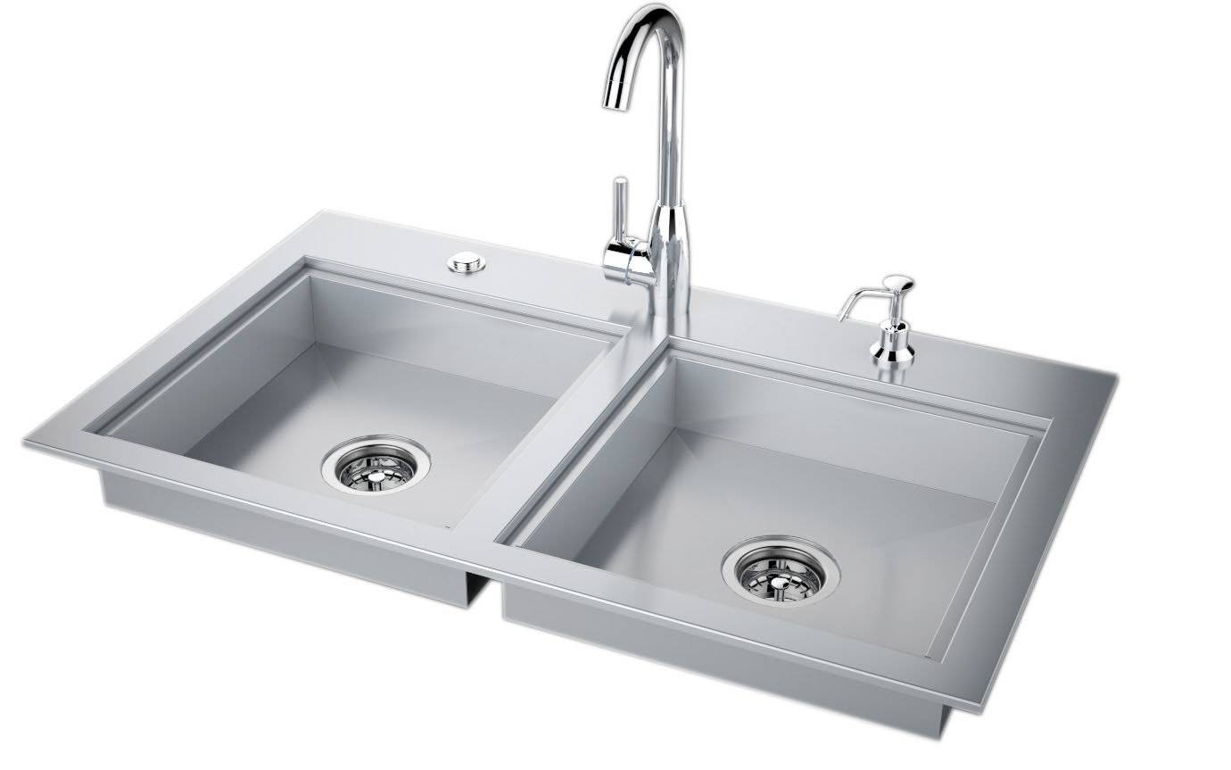 Stainless steel double-bowl outdoor kitchen sink with a chrome faucet and soap dispenser on white background