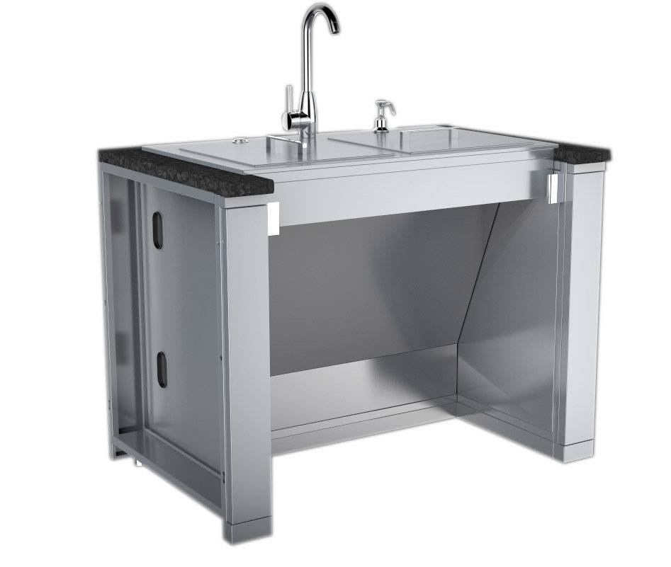 Stainless steel outdoor kitchen sink cabinet module with faucet, soap dispenser, and granite-topped counter on white background