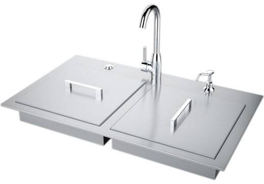 Stainless steel drop-in outdoor kitchen sink with high-arc faucet, soap dispenser, and hinged cover on white background