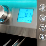 Close-up of a stainless steel grill control panel with a blue backlit LCD display showing current and target temperature readings, a teal backlit control knob, and a vertical row of round backlit function buttons