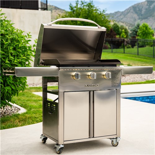 Blackstone Select 28" Griddle Cart with Cabinet on lockable swivel caster wheels for stability and mobility.