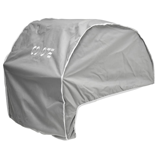 Coyote silver-gray grill cover with white piping and logo for outdoor grills