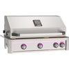 American Outdoor Grill (AOG) stainless steel built-in gas grill with open lid and LED-lit control knobs on a white background