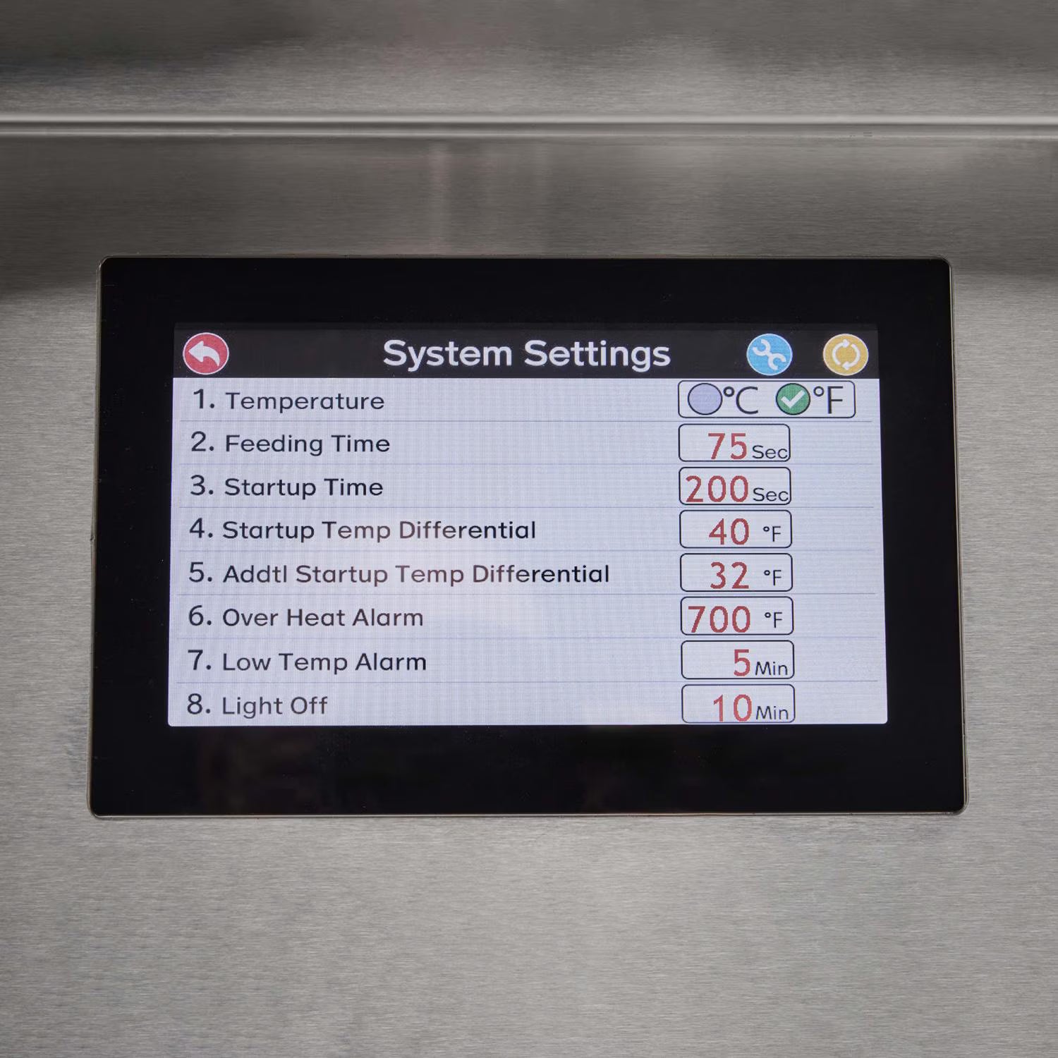 Coyote grill digital control panel touchscreen showing system settings menu