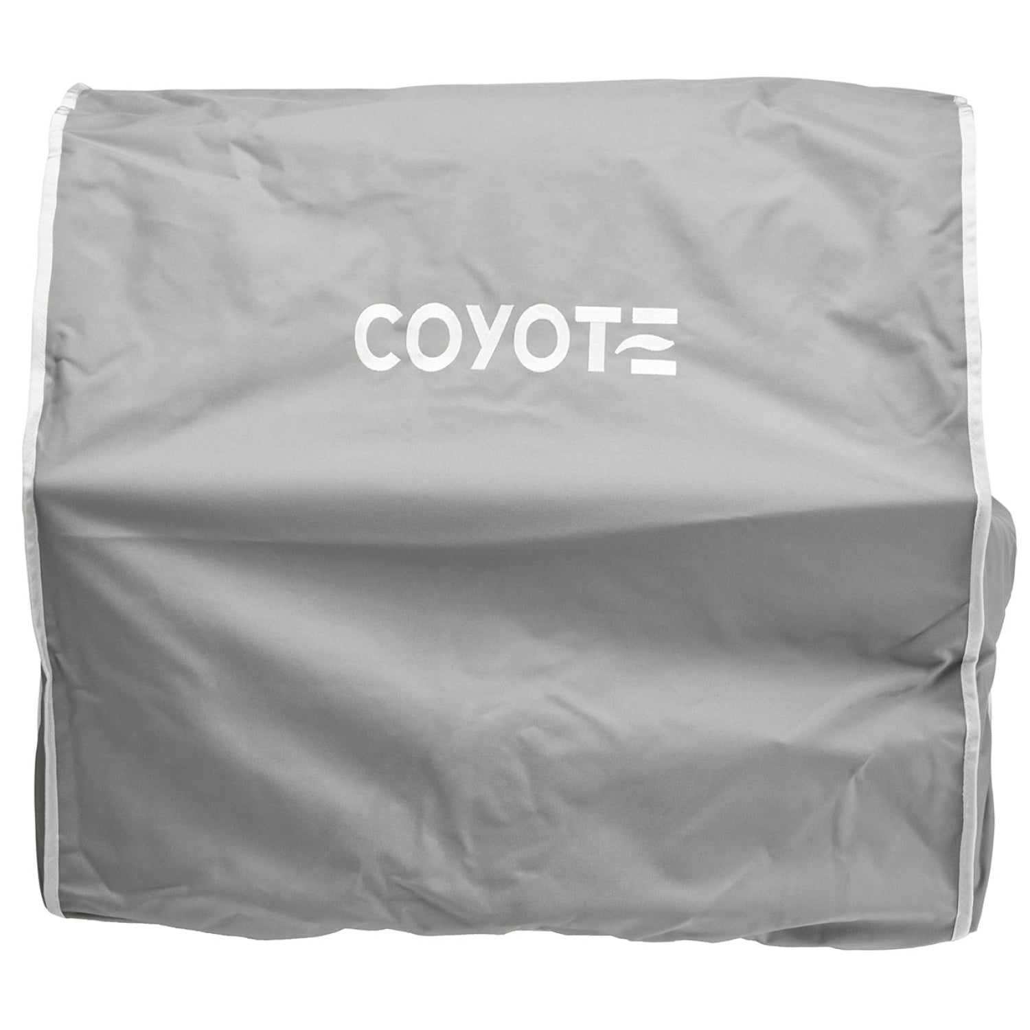 Coyote gray built-in grill cover with white logo for outdoor kitchen grills