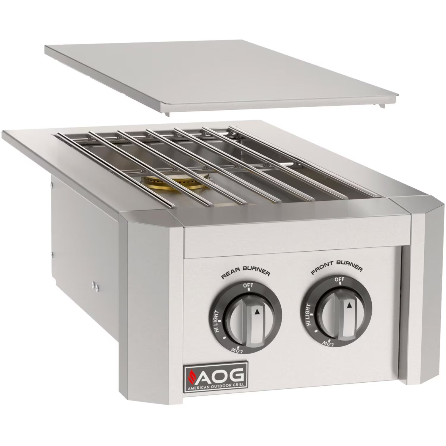 American Outdoor Grill (AOG) stainless steel built-in double side burner with control knobs and removable lid on a white background