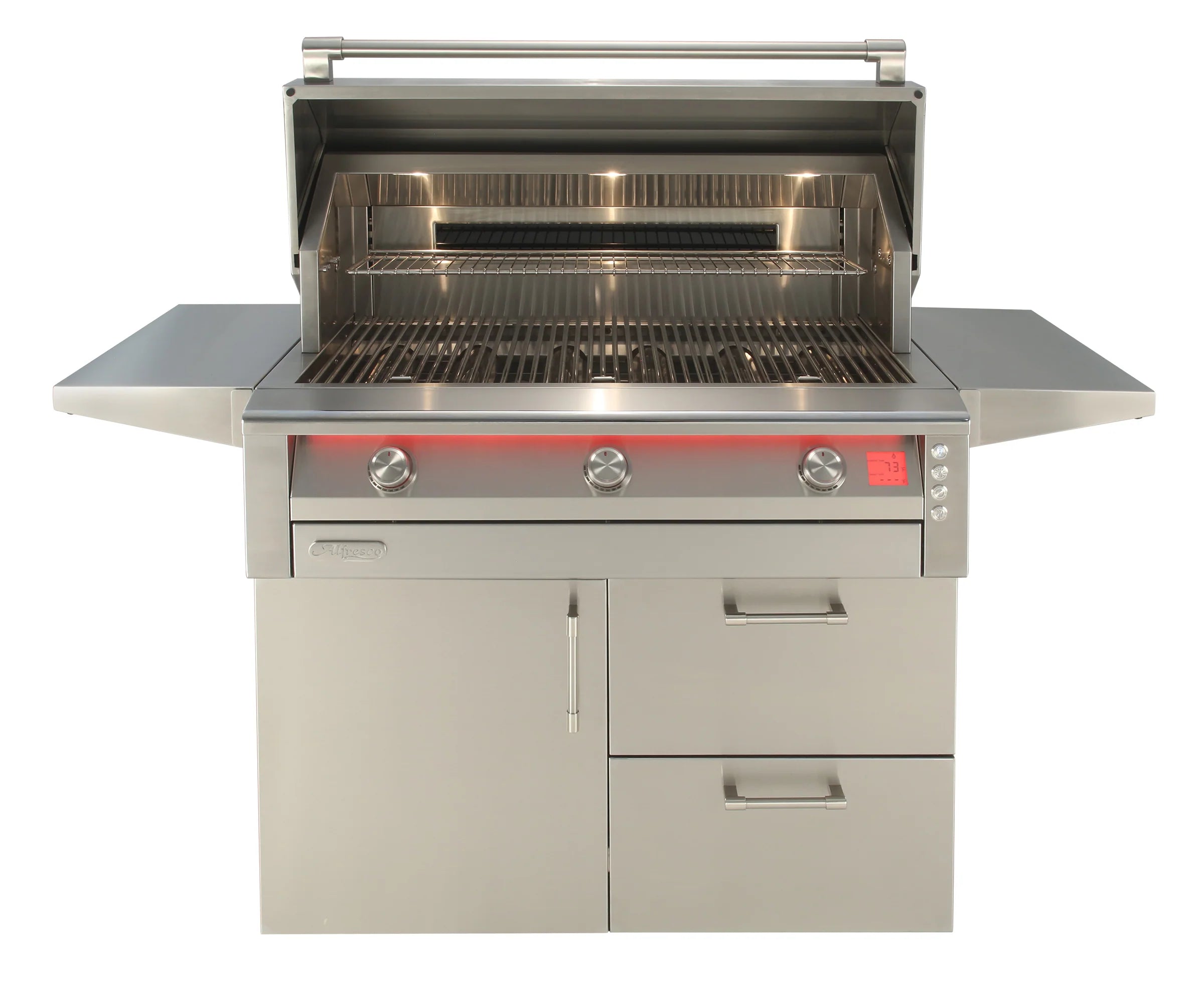 Alfresco Intelligent Professional 36-inch grill head in stainless steel with the hood closed, showing three blue-lit control knobs and a digital temperature display