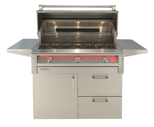 Alfresco Intelligent Professional 36-inch grill head in stainless steel with the hood closed, showing three blue-lit control knobs and a digital temperature display