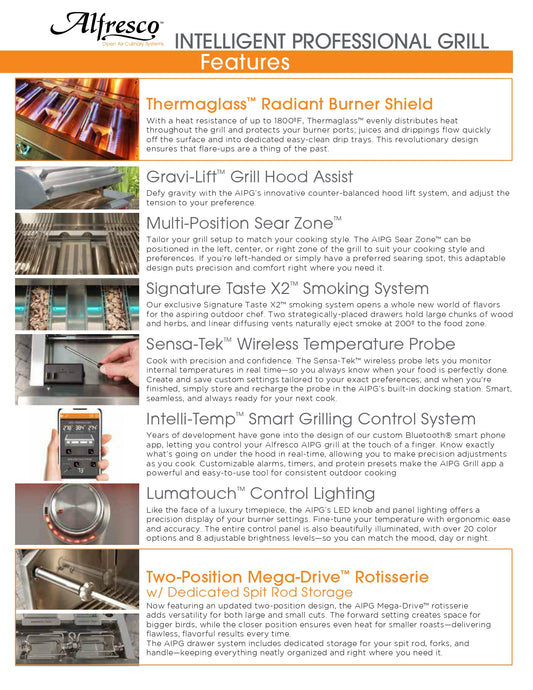 Page from the Alfresco Intelligent Professional Grill (AIPG) 2025 features document, listing grill features such as the radiant burner shield, smoking system, wireless temperature probe and rotisserie, each with a small photo