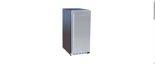 American Made Grills 15-inch stainless steel outdoor undercounter refrigerator with solid door and vertical bar handle, shown at a three-quarter angle