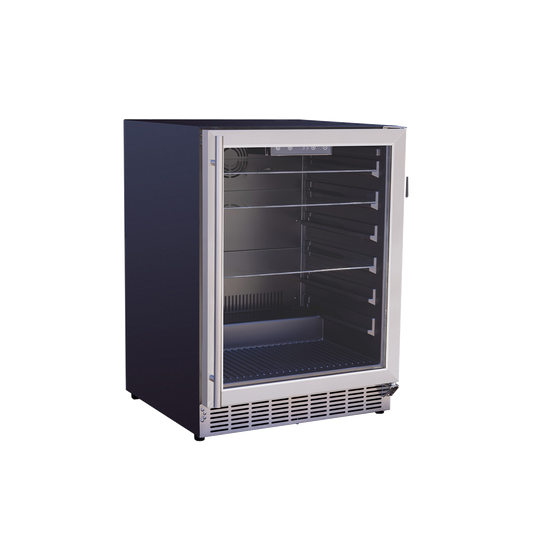 American Made Grills 24-inch outdoor undercounter refrigerator with stainless steel-framed glass door and interior shelves, shown at a three-quarter angle