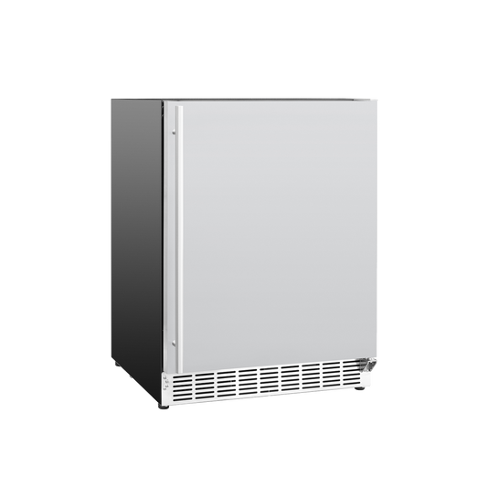 American Made Grills 24-inch stainless steel outdoor undercounter refrigerator with solid door and vertical bar handle, shown at a three-quarter angle