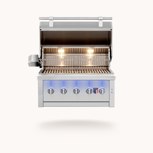 American Made Grills Ovation 36-inch hybrid built-in grill — with the hood open
