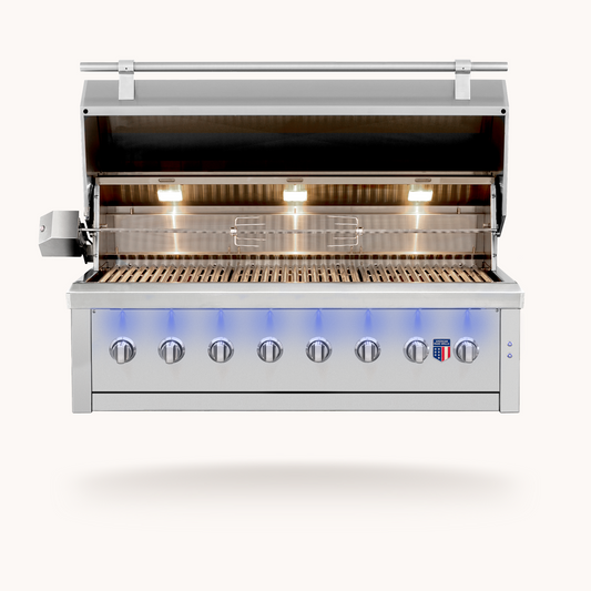 American Made Grills Ovation 54-inch hybrid built-in grill — with the hood open