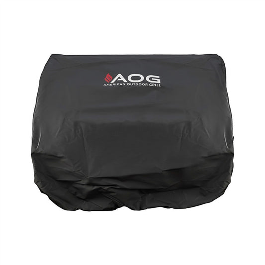 American Outdoor Grill (AOG) black built-in grill cover with AOG logo on a white background
