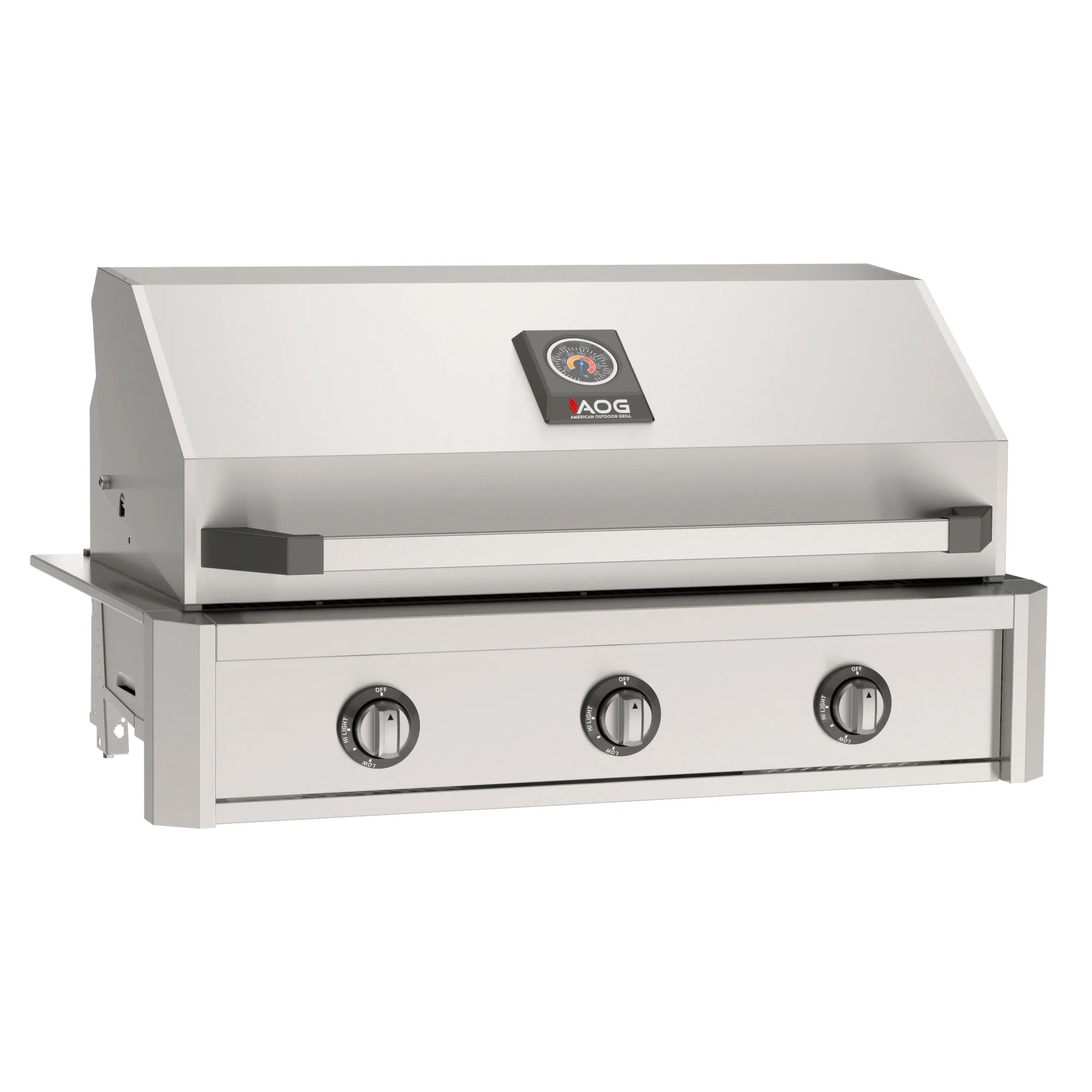 American Outdoor Grill (AOG) 36-inch T-Series stainless steel built-in gas grill with closed lid, three burners, and temperature gauge on a white background