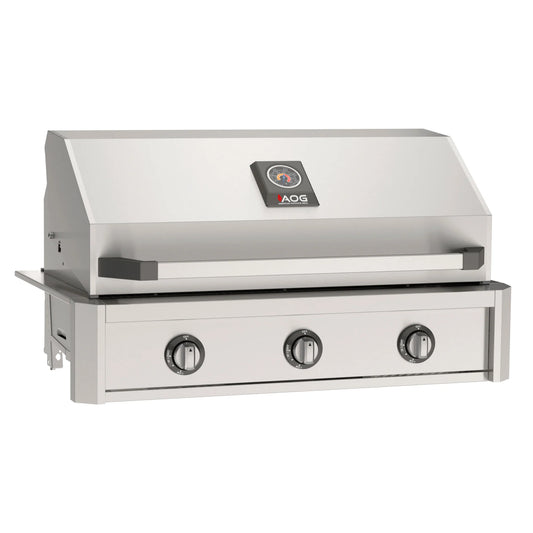 American Outdoor Grill (AOG) 36-inch T-Series stainless steel built-in gas grill with closed lid, three burners, and temperature gauge on a white background
