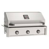 American Outdoor Grill (AOG) 36-inch T-Series stainless steel built-in gas grill with closed lid, three burners, and temperature gauge on a white background