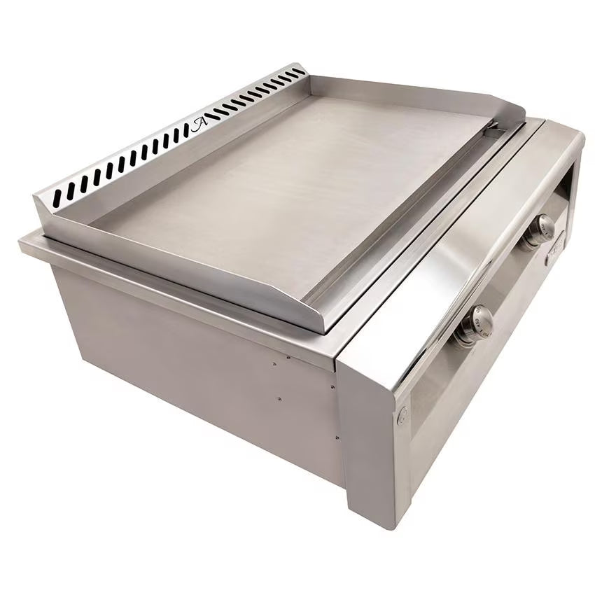Overhead angled view of the Alfresco 30-inch dual-zone griddle's 3/8-inch solid steel cooking surface with rear grease channel and exhaust vent