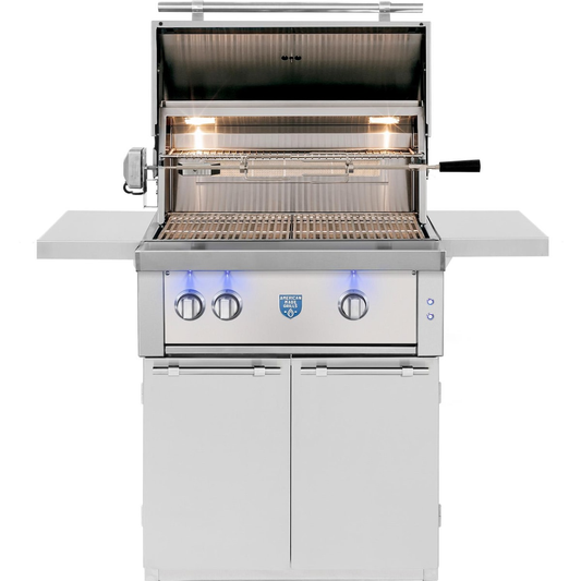 American Made Grills Estate 30-inch freestanding gas cart grill — hood open showing the rotisserie and cooking grates