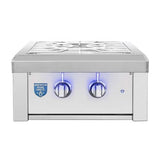 American Made Grills Atlas Power Burner ATSPB2 front view, stainless steel with blue LED-illuminated control knobs and lid closed