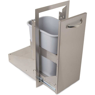 Artisan 15-inch stainless steel roll-out trash bin drawer pulled open showing the bin, on white background