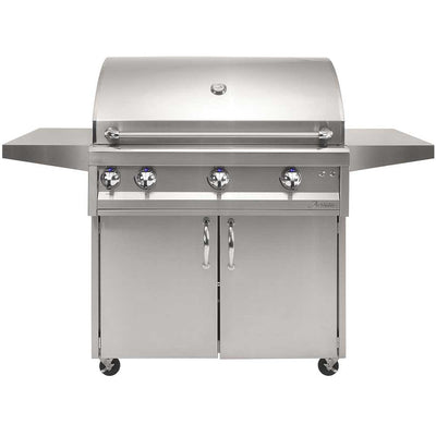 Front view of an Artisan Professional 36-inch freestanding stainless steel propane gas grill cart with the lid closed, two fold-down side shelves, four control knobs, a double-door cabinet base and casters, on a white background