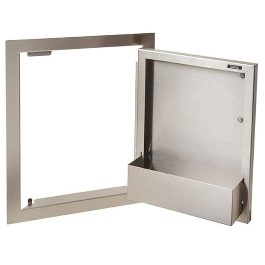 Artisan stainless steel single access door with an interior storage bin, shown open, on white background