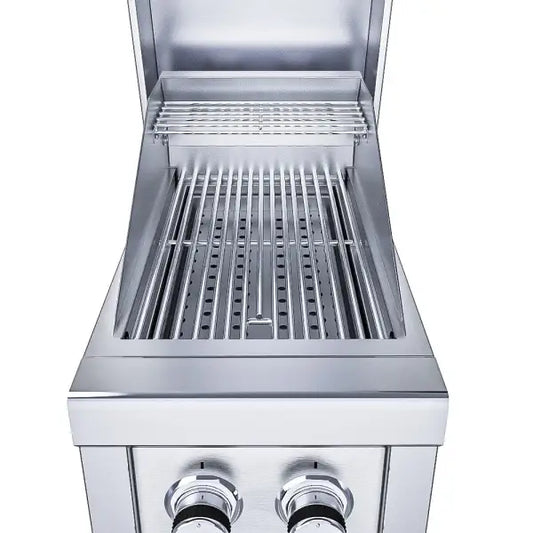 Sunstone Ruby Series 13" Companion Pro Burner with removable cover and Flavorizer warming rack, designed for versatile outdoor grilling.