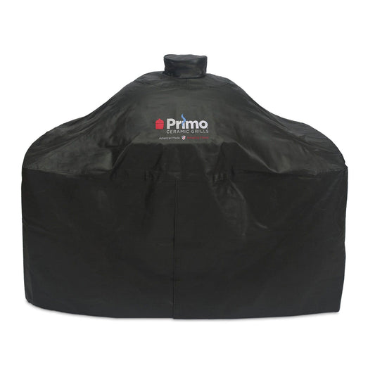Primo grill cover for Oval X-Large or Large ceramic grill in a cart with the 2-piece island top