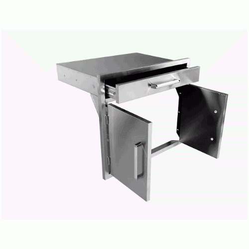 Close-up view of Bonfire Double Door and Single Drawer Combo 30" x 26" with emphasis on high-quality 304 stainless steel hinges and soft-close drawer.