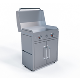Le Griddle GFCART75 cart and 75 Series griddle with the lid open over the cooking surface