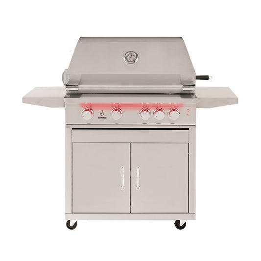 True Flame 3 Burner Gas Grill with a warming rack and rotisserie kit for versatile grilling options.