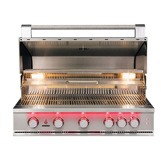 Inside view of the TrueFlame Grill 40” 5 Burner Grill with illuminated knobs and stainless steel cooking grates by True Flame.