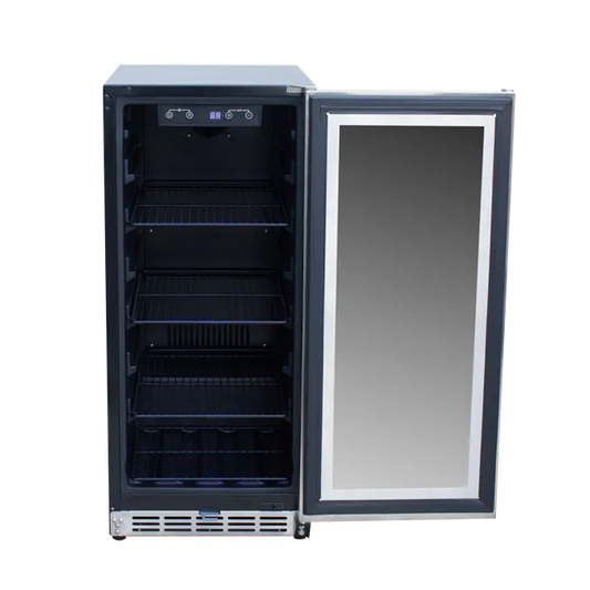 Close-up of the 15” 3.2C Outdoor Fridge with Glass Door features by True Flame, highlighting the UV protection and sleek look.