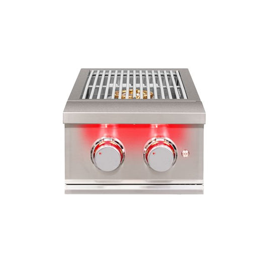 Close-up of TrueFlame Double Side Burner showcasing brass-plated burners designed for high performance.