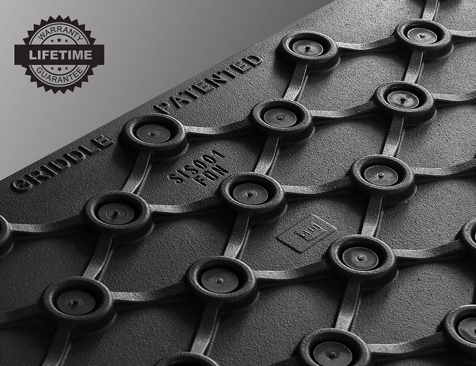 Cast iron back plate of the Le Griddle Dual Plate System, which stores and evens out heat